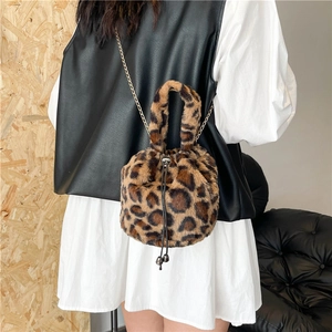 Leopard print plush bucket bag with golden metal chain and soft top handle for women