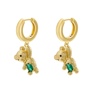 Golden bear earrings with lily of the valley and green drop zircon on white background