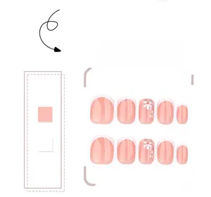 Detail of short square press-on nails with white French tips and 3D daisy flowers