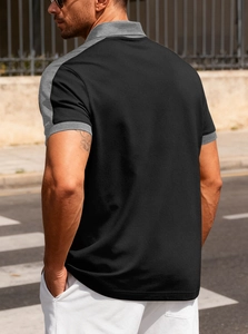 Outdoor back view of men's short sleeve polo shirt with black and grey contrast collar