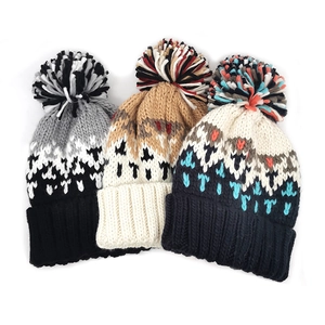 Women Winter Acrylic Knitted Pom-Pom Beanie Warm Geometric Jacquard Pattern Ear Protection Fashion Hat