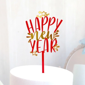 Adorno de tarta Happy New Year en acrílico rojo y dorado con estrellas festivas