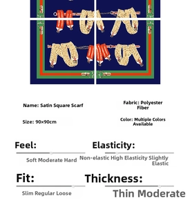 Detailed spec sheet for 90x90cm satin square scarf with vintage equestrian print