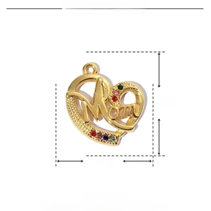 Detail showing gold heart Mom pendant in stainless steel with colorful rhinestones