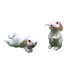 Set of two cute white resin bunny figurines for succulent landscape and cake decoration