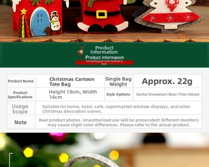 Detailed size specifications for felt Christmas gift bags with festive character designs