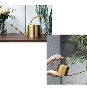Detail of long-spout gold watering can showing its sleek design and indoor garden use