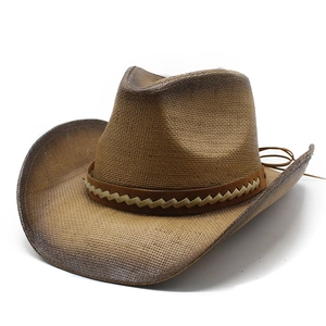 Hand-painted brown gradient western straw cowboy hat with wide brim and braided band
