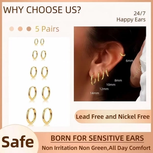 Size guide for 5 pairs of gold hoop earrings from 6mm to 14mm for sensitive ears