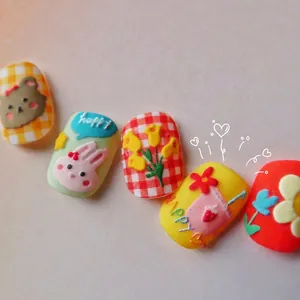 Cute 3D embossed nail art stickers featuring bear rabbit tulip and happy text patterns