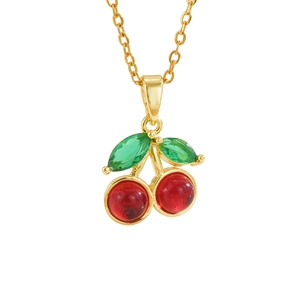 Gold cherry necklace with red zircon pendants and green gemstone leaves for women