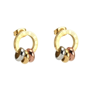 Three-tone interlocking circles earrings in titanium steel with Roman numeral engraving