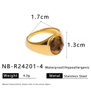 Detailed view of 1.3cm wide golden stainless steel ring with oval tiger eye stone inlay