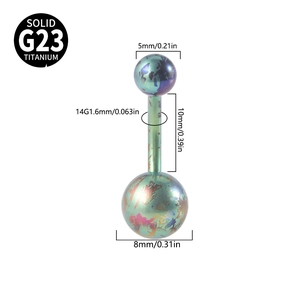 Solid G23 titanium belly ring with rainbow gradient plating and size specifications