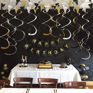 Golden and silver PVC hanging swirls with Happy Birthday banner for party wall decor