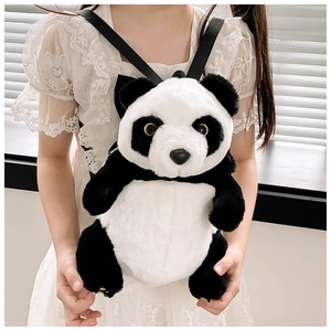 Detail of soft plush panda shoulder bag showing furry texture and cute animal design