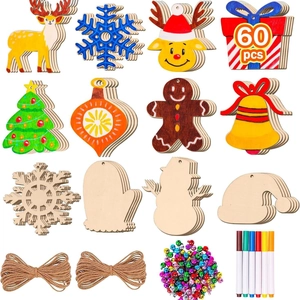 60 pieces DIY wooden Christmas ornaments set with colorful bells and marker pens