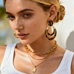 Retro geometric hollow leopard print hoop earrings worn by a model with gold layered necklaces