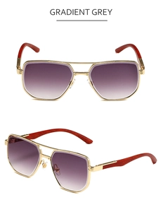 Detail of vintage square metal sunglasses with wood grain temples and gradient grey lenses