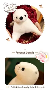 Gros plan d'un phoque en peluche blanc avec des yeux noirs et des moustaches réalistes