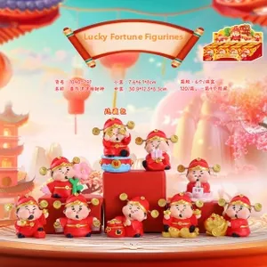 Display of nine red Nine-Tailed Fox God of Wealth figurines with golden lucky charms