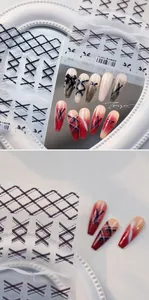 Detail of retro plaid and wine red gradient nail stickers with bow design TS-4011