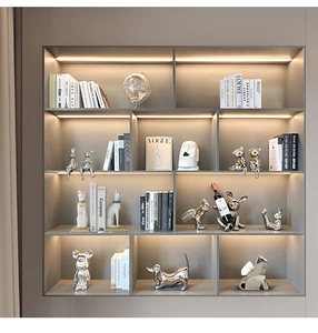 Silver plated animal figurines and wine rack on a luxury shelf for home decor