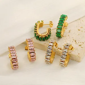 U-Shaped Hoop Earrings 18K Gold Plated Stainless Steel Rectangular Zircon Geometric Full Pave Retro Luxury Jewelry