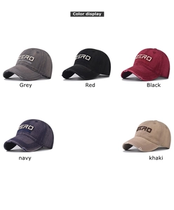Detail of embroidered ZERO letters and distressed brim on cotton baseball caps
