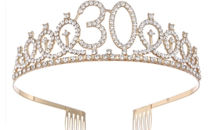 Detail of gold rhinestone crown with number 30 for birthday parties and events
