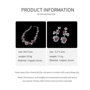 Size chart for rose zircon jewelry set showing necklace and earring dimensions and weight