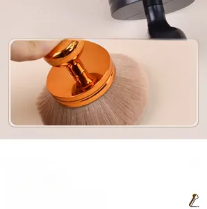 Macro detail of soft dense bristles on a rose gold mushroom powder makeup brush