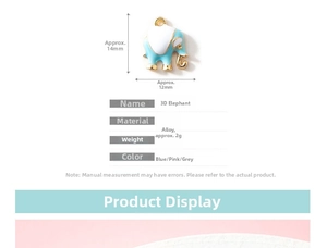 Detail specifications for 14x12mm elephant charm in blue, pink and gray alloy