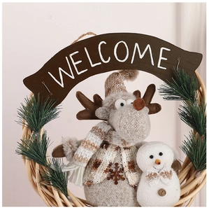 Detail of Christmas wreath with plush reindeer and snowman under a Welcome sign