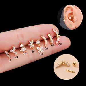 Cartilage Stud Earrings Stainless Steel Zirconia Butterfly Moon Flower Screw Back Piercing Jewelry Women