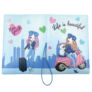Waterproof light blue passport holder with cartoon travel illustrations and elastic strap