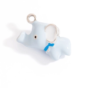 Detail of light blue enamel elephant pendant with dark blue bow and silver-tone ears