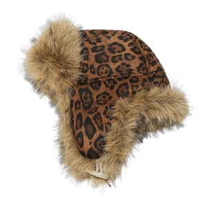 Winter faux fur leopard print trapper hat with warm ear flaps and suede finish for adults