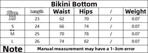 Size chart for bikini bottoms with measurements for XS to L in length and waist