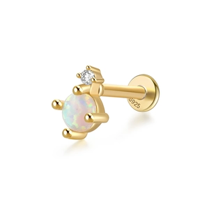 Macro view of S925 sterling silver opal stud with gold plating and cubic zirconia