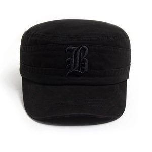 Classic black cotton military flat top cap with 3D letter B embroidery for men
