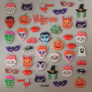 3D Halloween nail art stickers with embossed pumpkins, skulls, and bat designs
