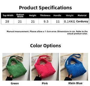 Detailed size chart and color comparison of corduroy tote bags in green, pink and blue
