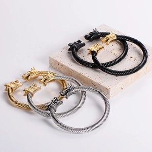 Men's punk dragon head open bangle in gold, silver, and black twisted stainless steel