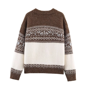 Damen Strickjacke in Braun und Weiß mit Fair-Isle-Muster, Rundhalsausschnitt und Geometrie
