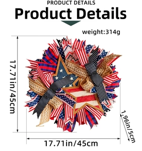Detailed view showing a 45cm patriotic wreath with measurements and ribbon textures