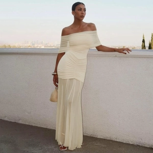 Chiffon mesh long dress featuring off-the-shoulder pleats and a layered sheer skirt