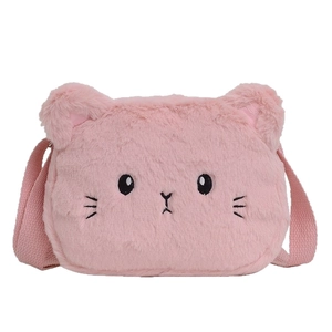 Pink plush cat shaped crossbody bag for women and kids with 3D ears and embroidery