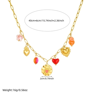 Detail of 18K gold plated necklace with colorful heart pendants and size measurements