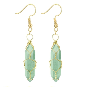 Green hexagonal crystal pendant earrings with gold wire wrapping in bohemian hook style